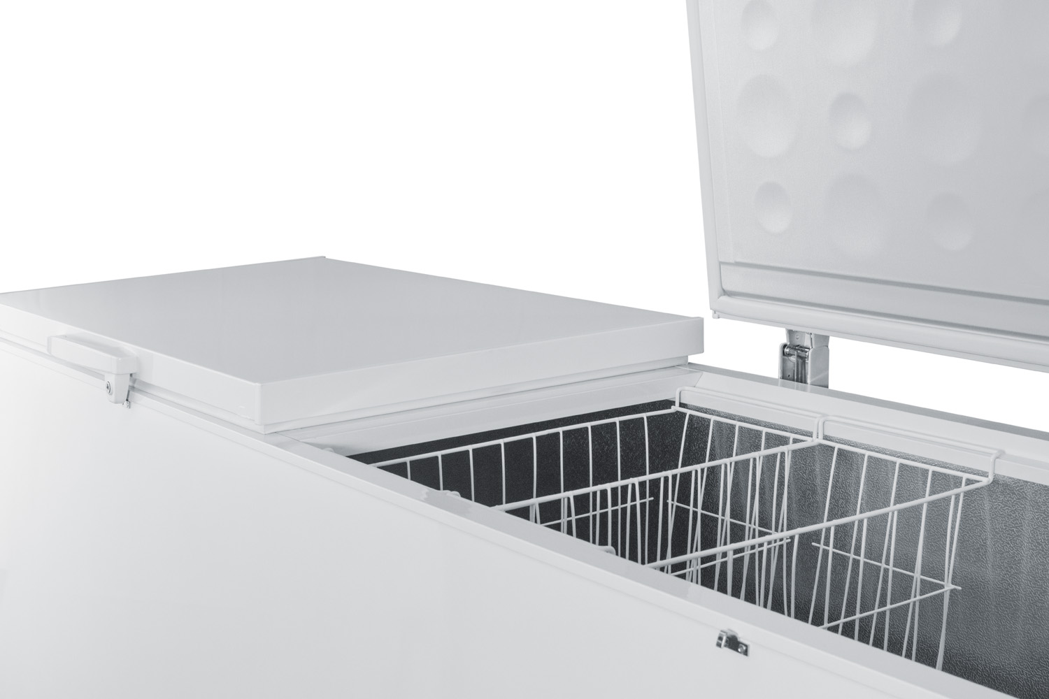 Commercially listed 26.66 cu.ft. manual defrost chest freezer in white with stainless steel corner guards
